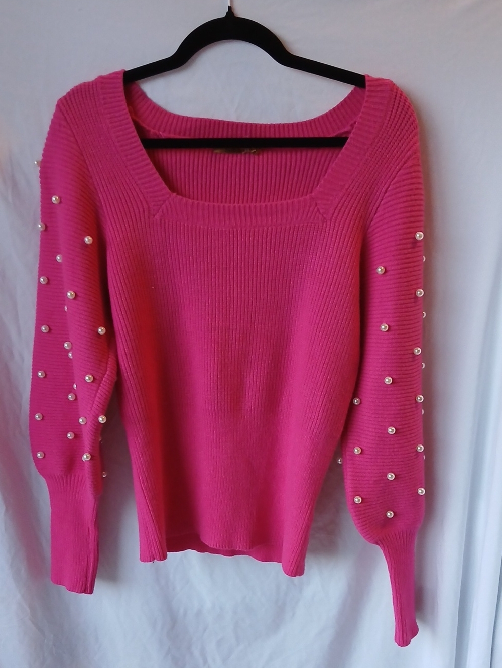 Belldini Hot Pink Scoop Neck Sweater with Pearl-Accent Sleeves